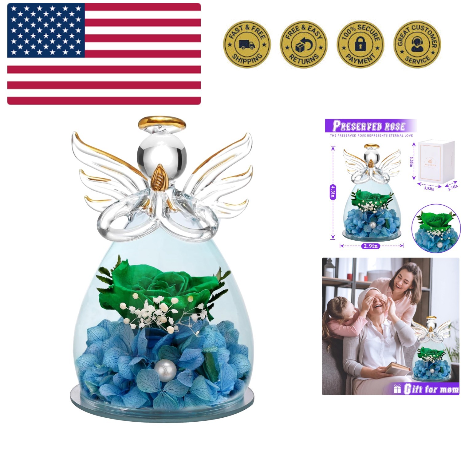Borosilicate Glass Angel Figurine with Lasting Green Rose – Ideal Home Decor
