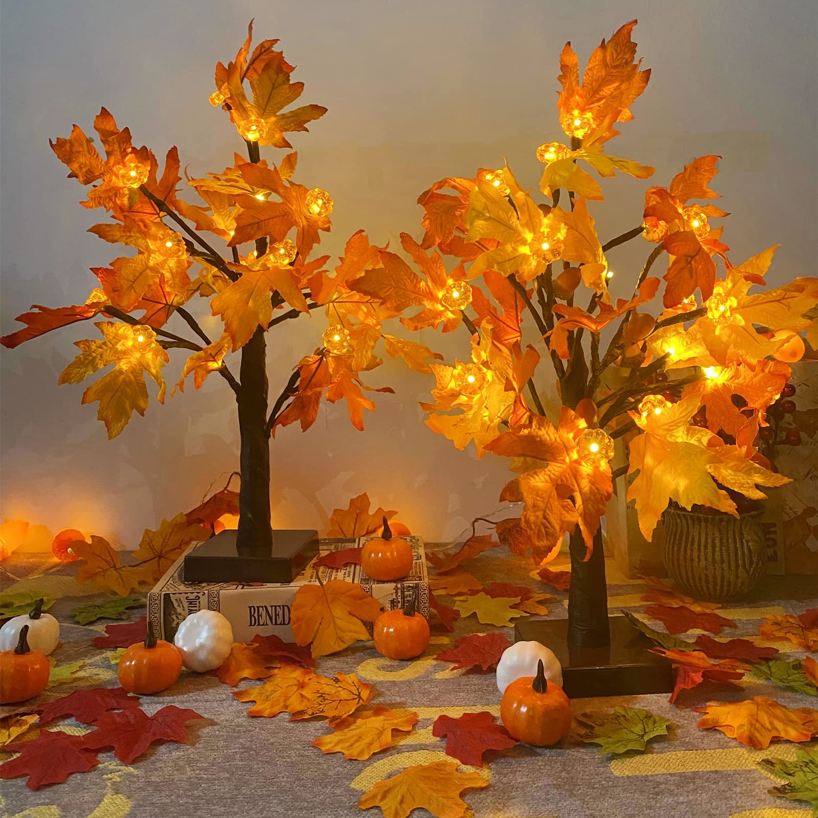 Fall Maple Tree with 48 LEDs Battery Operated Light Up Artificial Pumpkins Maple
