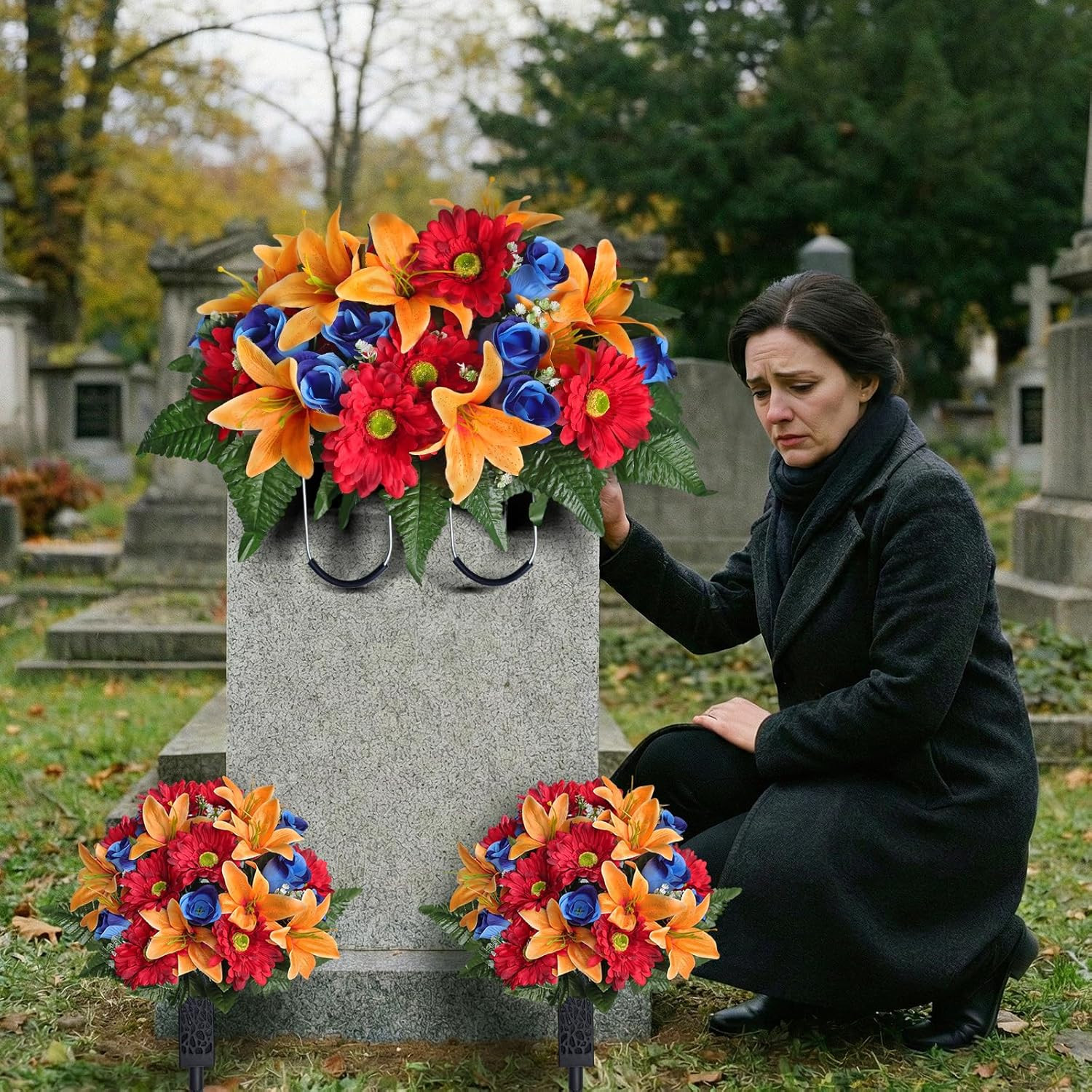 3 PCS Artificial Cemetery Flower Saddles, Cemetery Memorial Flowers with Vase fo