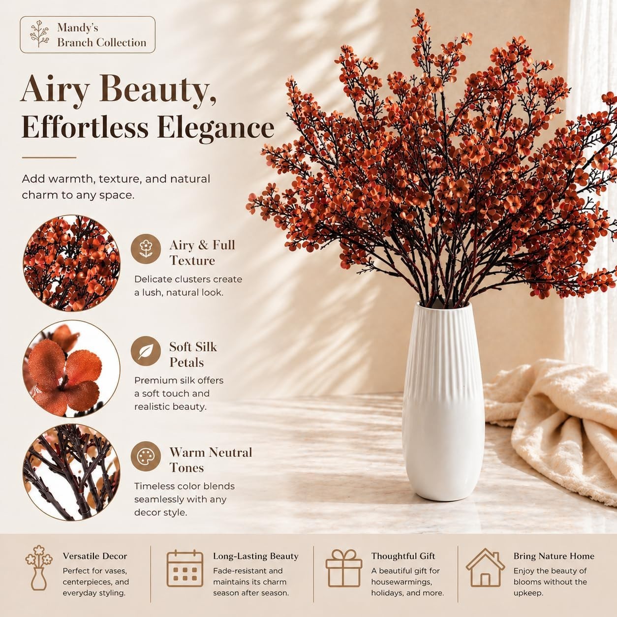 6 Bundles Burnt Orange Flowers Silk Babys Breath Artificial Flowers Fall Flow…