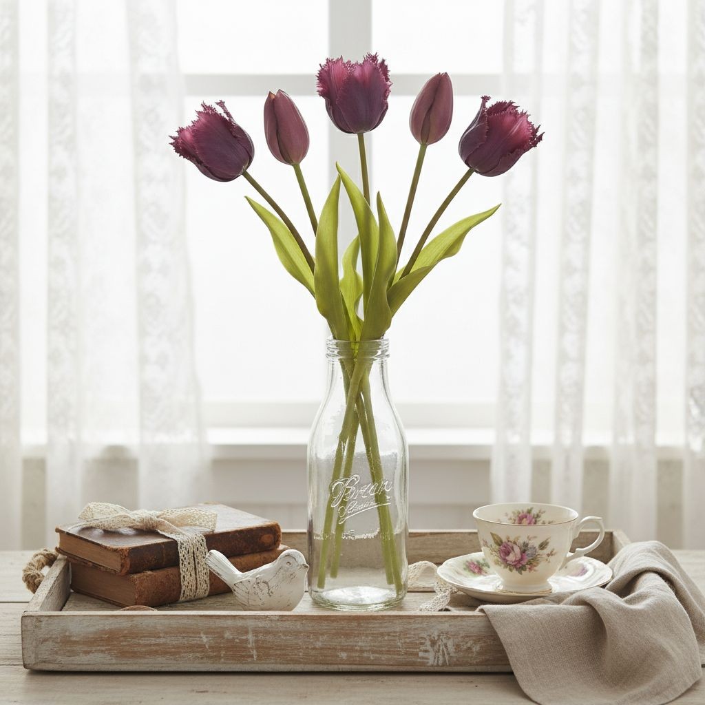 Plum Purple Artificial Tulips 15 Inch Set of 5 Faux Spring Flowers Wedding Home