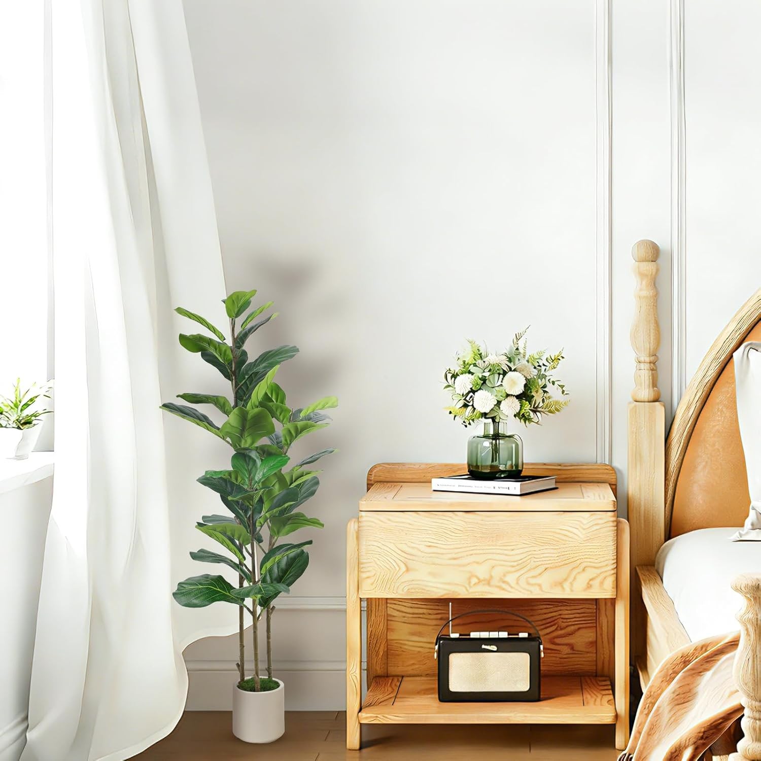 4FT Artificial Fiddle Leaf Fig Tree with White Planter Pot, 4 feet Tall Fake Tre