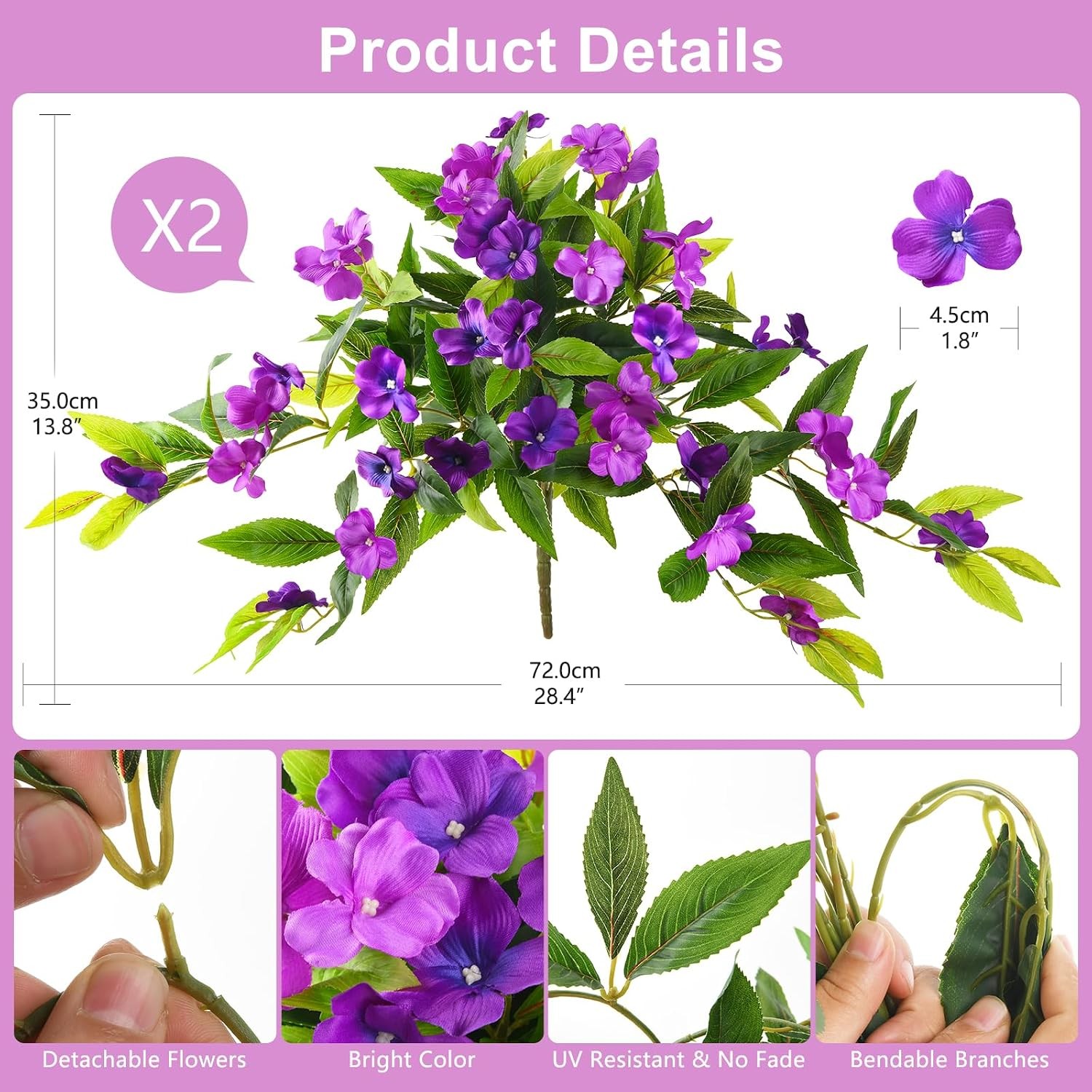 2 Bundles Artificial Flowers, UV Resistant Faux Silk Outdoor Planter Decor
