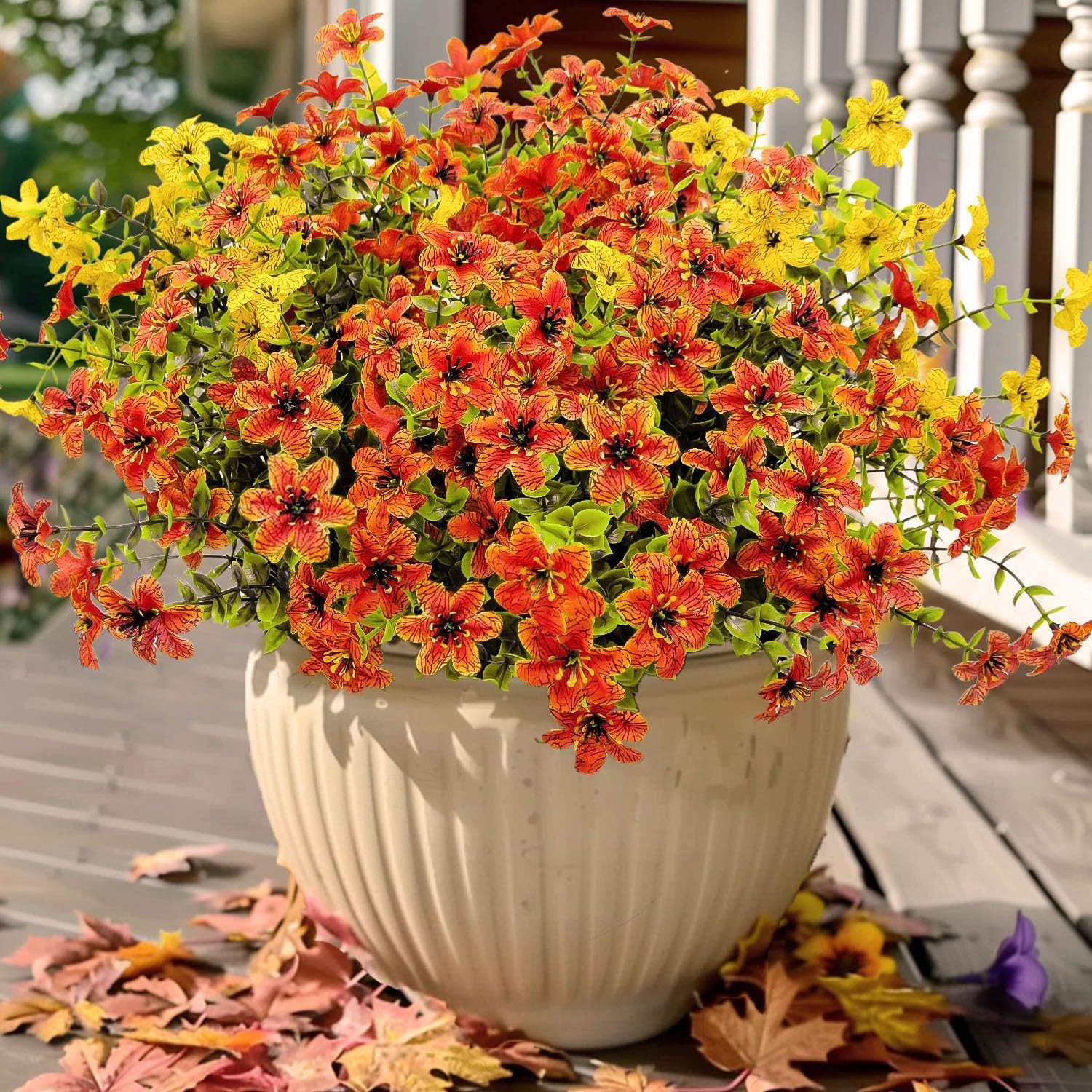 12 Bundles Faux Fall Flowers Artificial Mums for Outdoors (Orange+Yellow)
