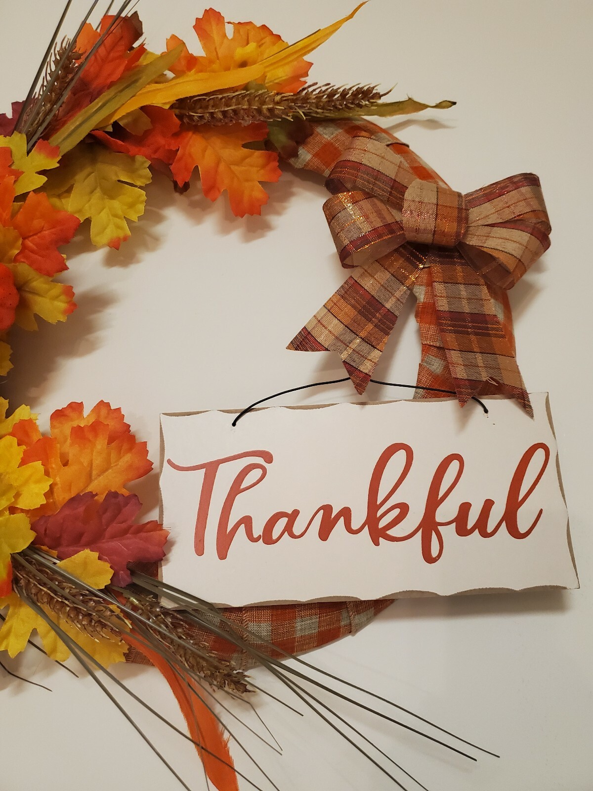 THANKFUL orange yellow FLOWERS pumpkins WREATH FALL autumn Decor Front Door 16″