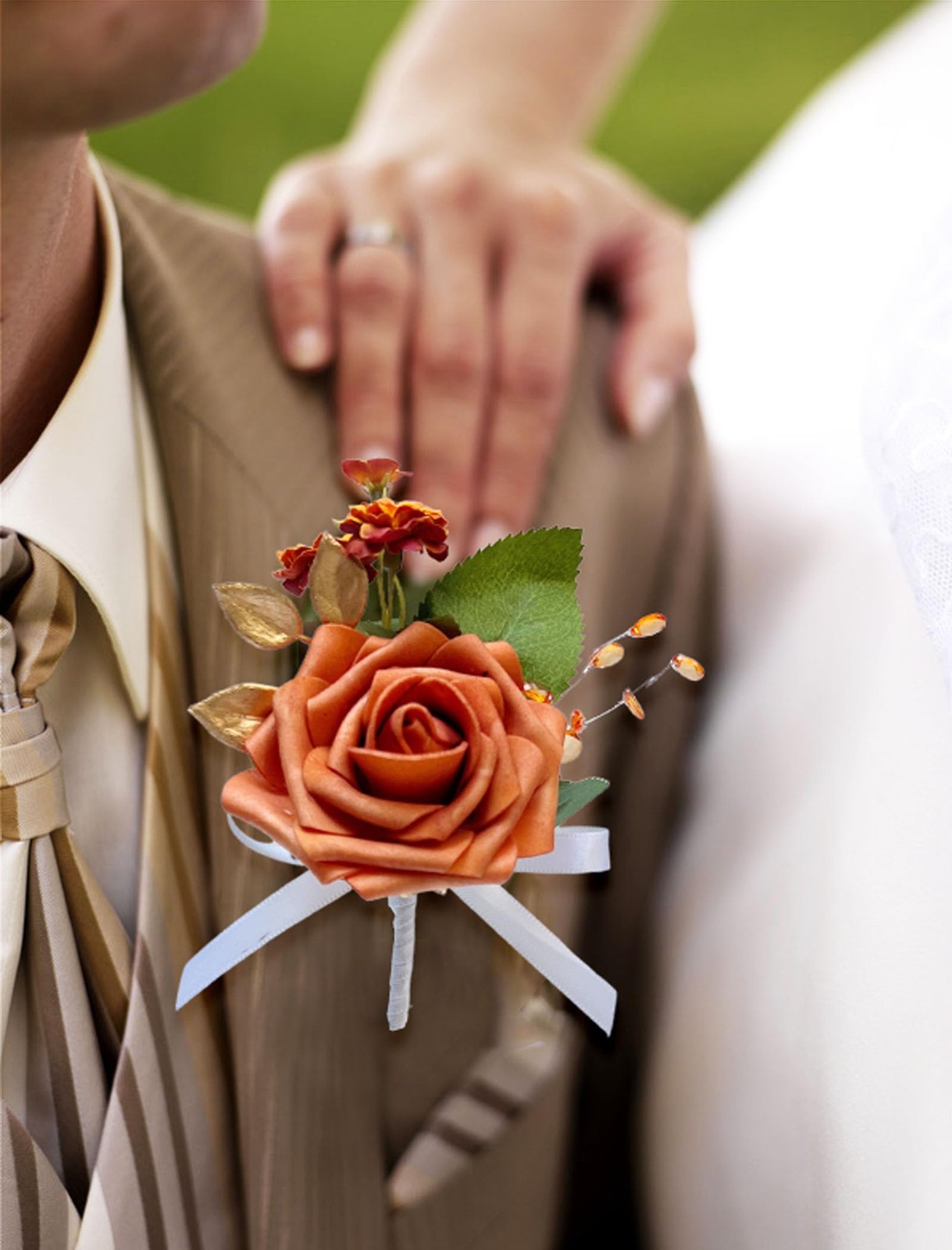 Burnt Orange Boutonniere for Men Wedding Set of 2,Groom and Best Man Boutonni…