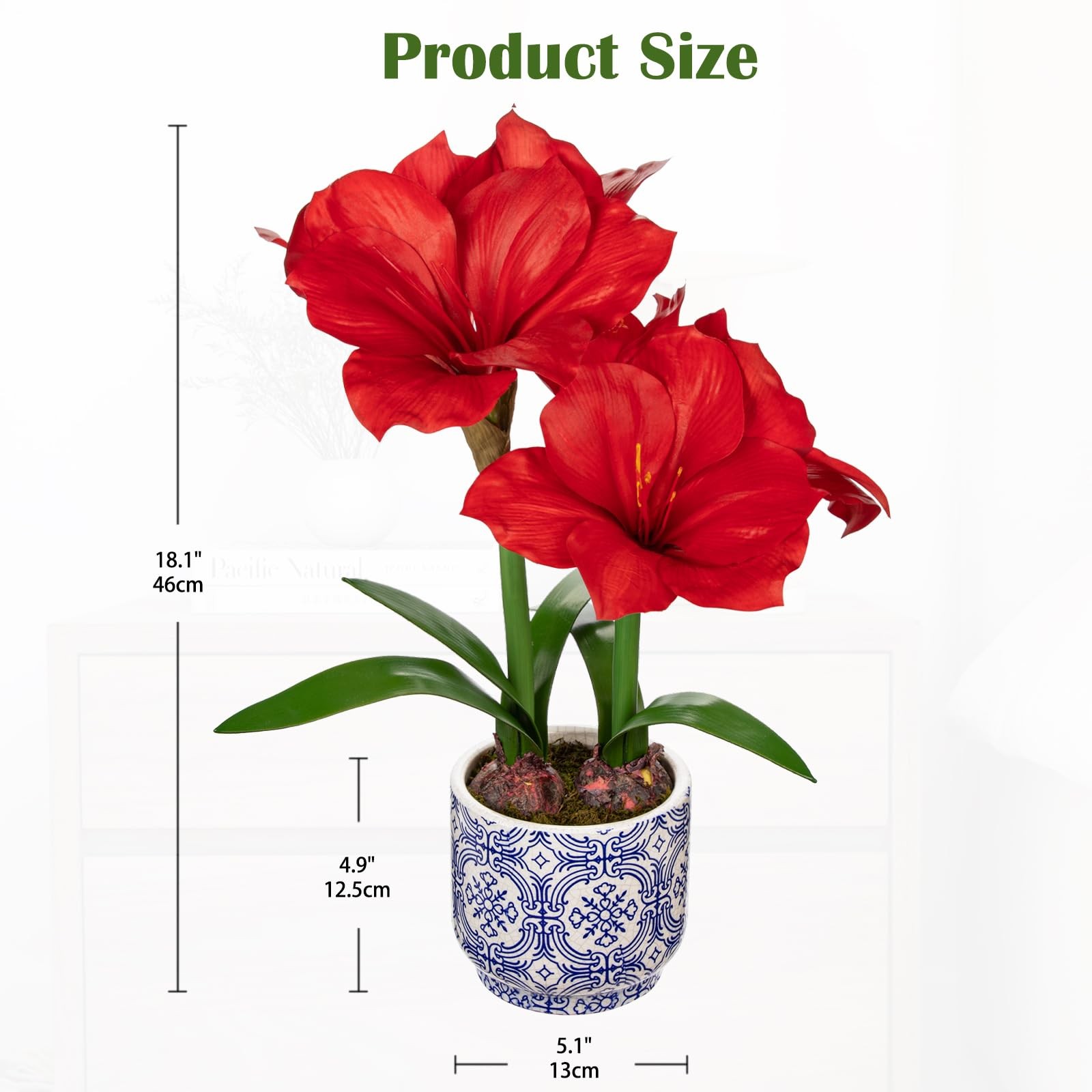 Red Amaryllis Artificial Flowers in Blue Ceramic Pot 18.1″ Faux Amaryllis Flo…