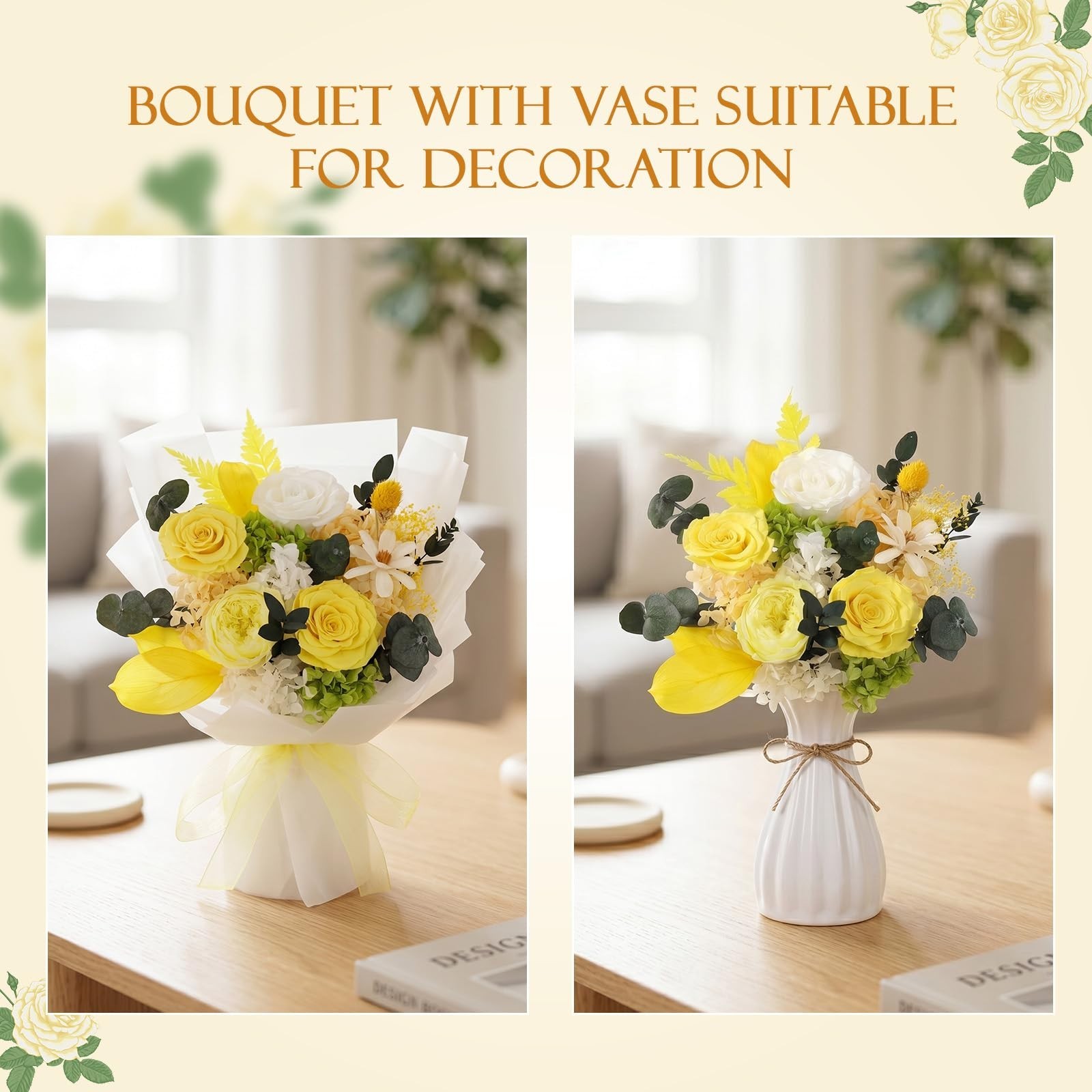 TYL&TYS Preserved Flowers Bouquet Yellow Forever Roses 3-5 Years