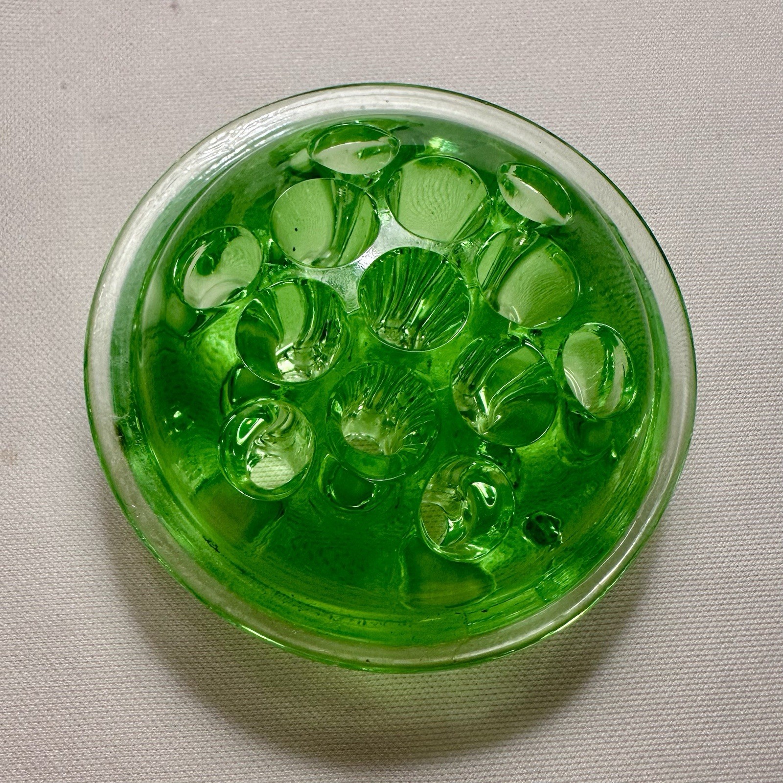 Vintage Vaseline Uranium Glass 13 holes 4 Inch Flower Frog UV Glows Green