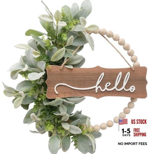 Green Wreath for Front Door, Wood Bead Wreaths with Artificial Lambs Ears