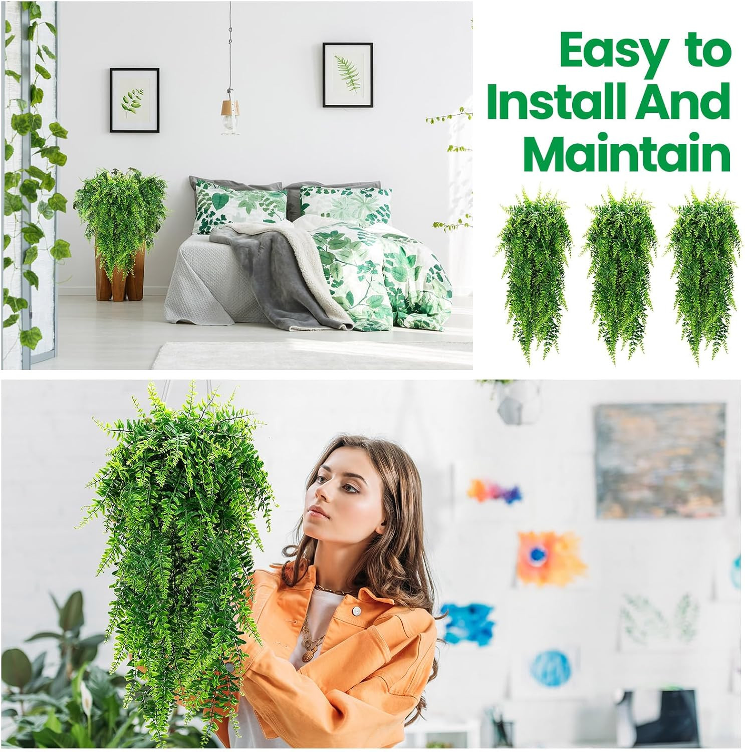 64 Pcs 32″ Artificial Boston Ferns for Indoor Outdoor Wall Decor
