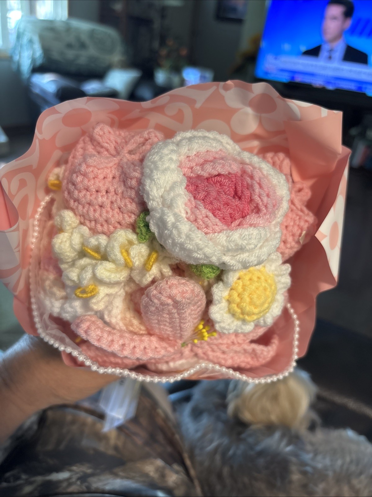 HANDMADE Crochet Yarn Daisy Flower Bouquet, Artificial Pink/White/Yellow NIB