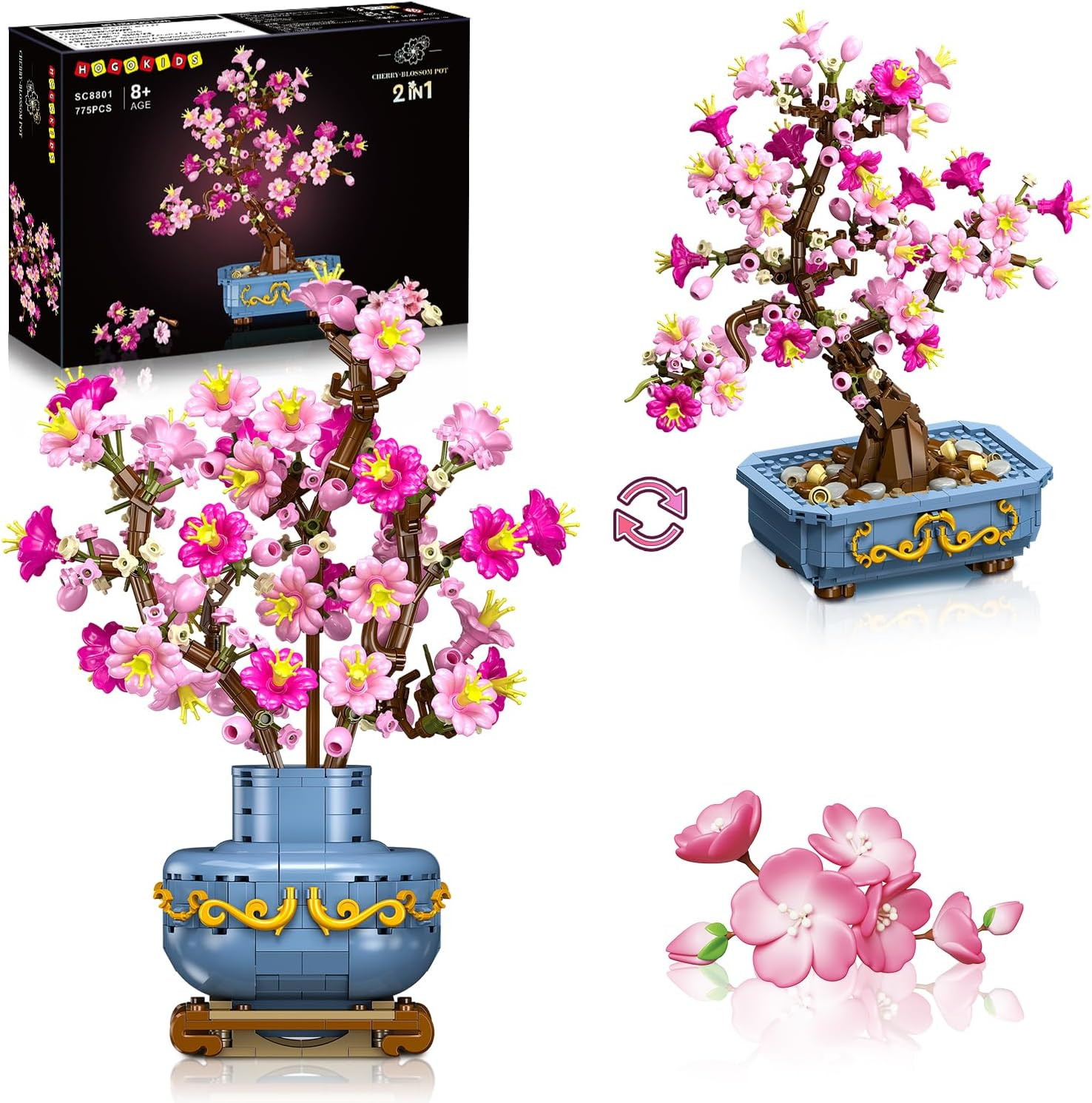 Flowers Cherry-Blossom Bonsai Building Set – 2 in 1 Artificial Bonsai Tree Plant