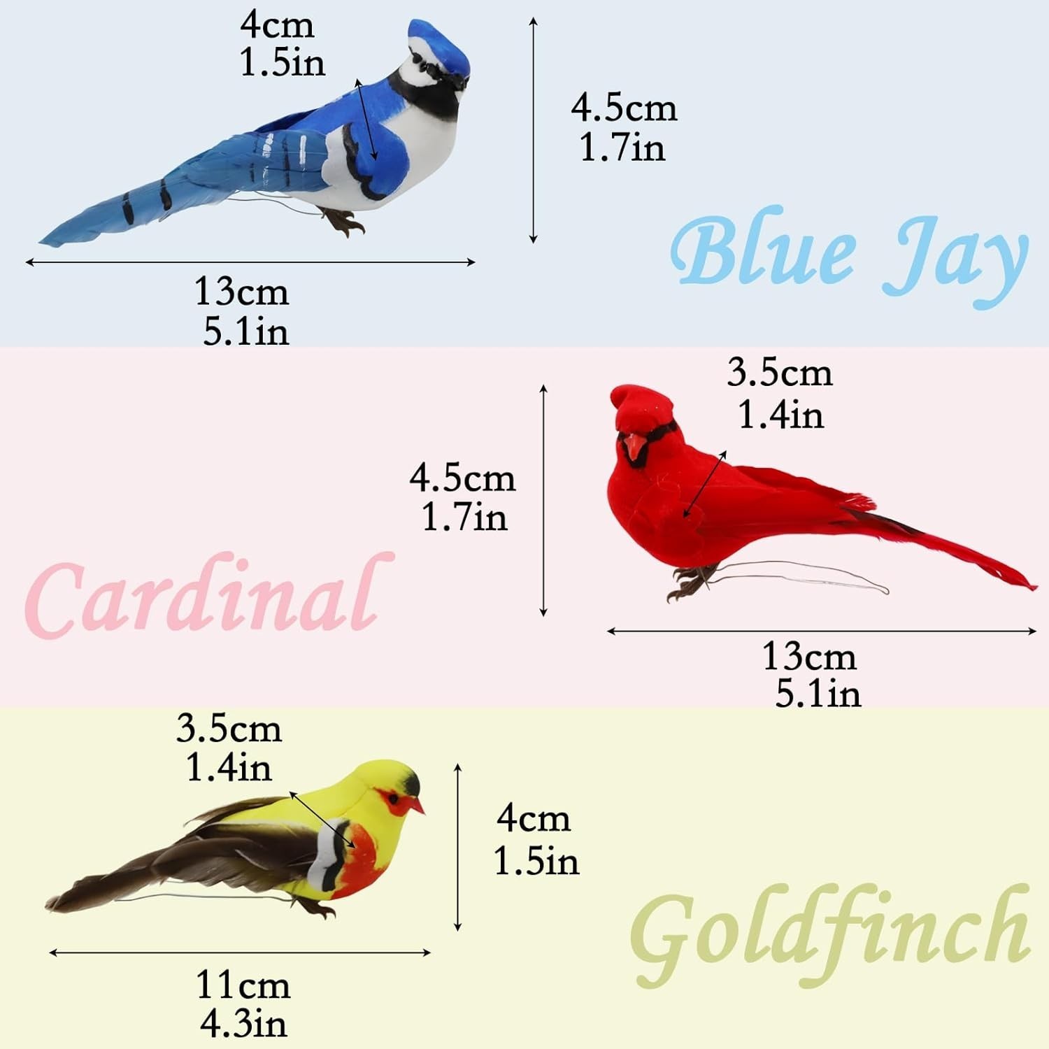 Realistic Bird Ornaments 3pcs Red Cardinal Blue Jay Goldfinch for Christmas