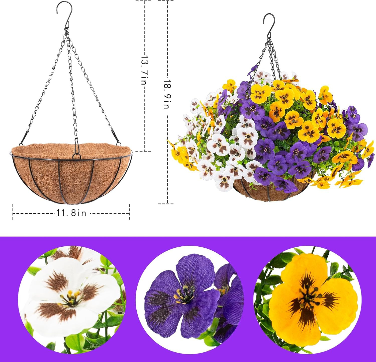 2 Sets Artificial Hanging Pansy Flowers with Baskets, 24 Pcs UV Resistant Faux S