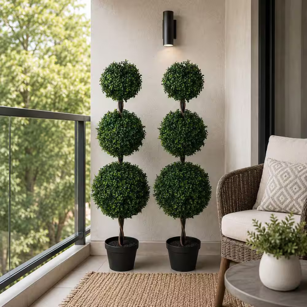 4 Ft. Artificial Triple Ball Topiary Trees Large Faux Boxwood Shrubs Plants for