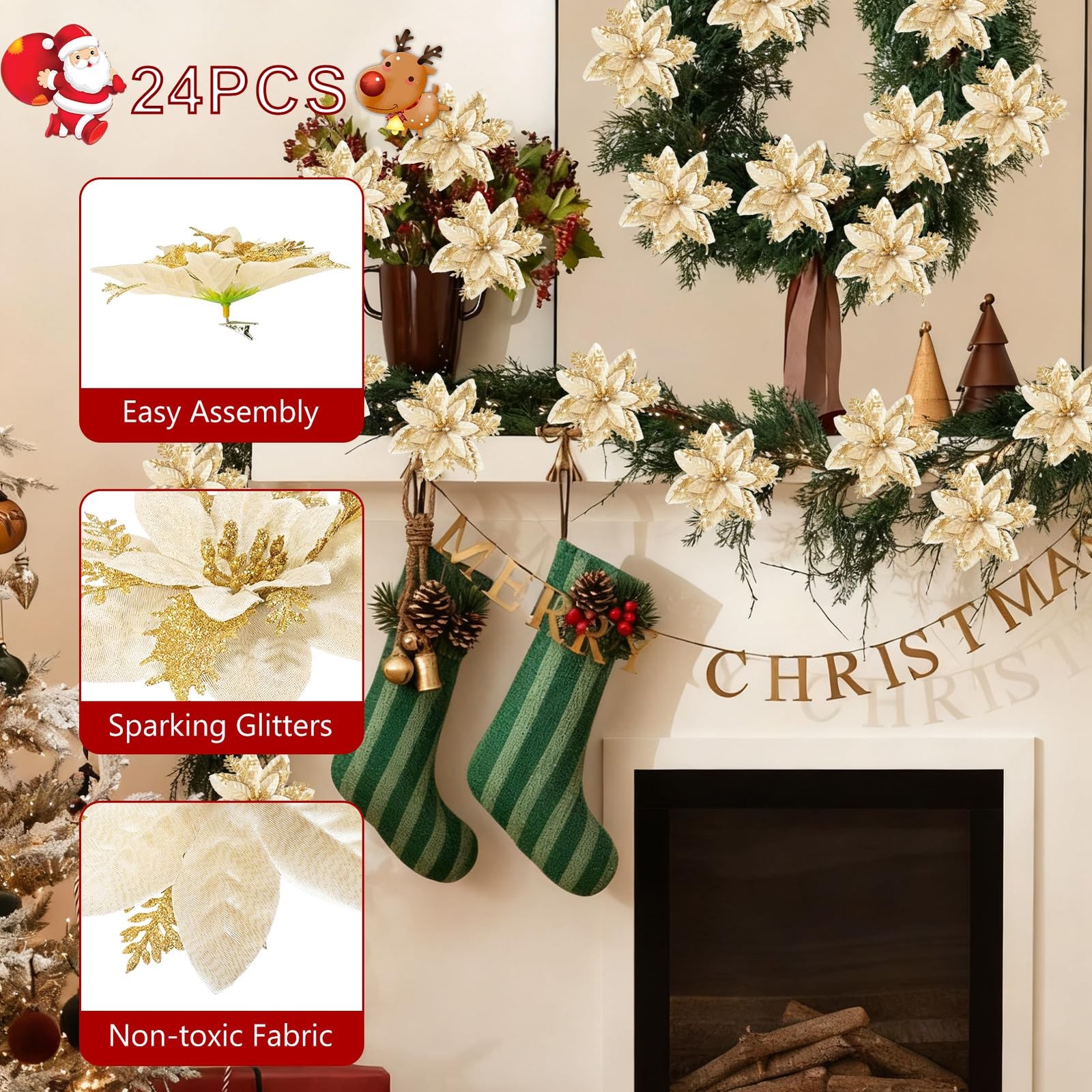 24 PCS 5.9 Inch Christmas Artificial Poinsettia Flowers Glitter Clips Gold