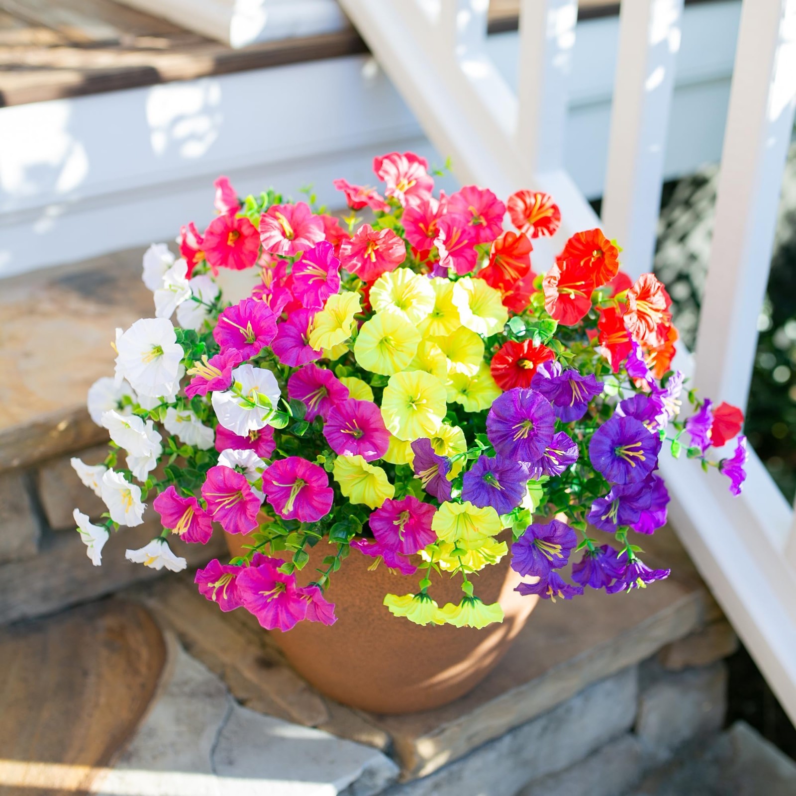 Colorful Artificial Flowers for Outdoors – 12 Bundles Silk Morning Glory & Eucal