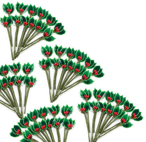 Bulk Package of 192 Miniature 3-1/2″ Lacquered Holly Leaf Picks