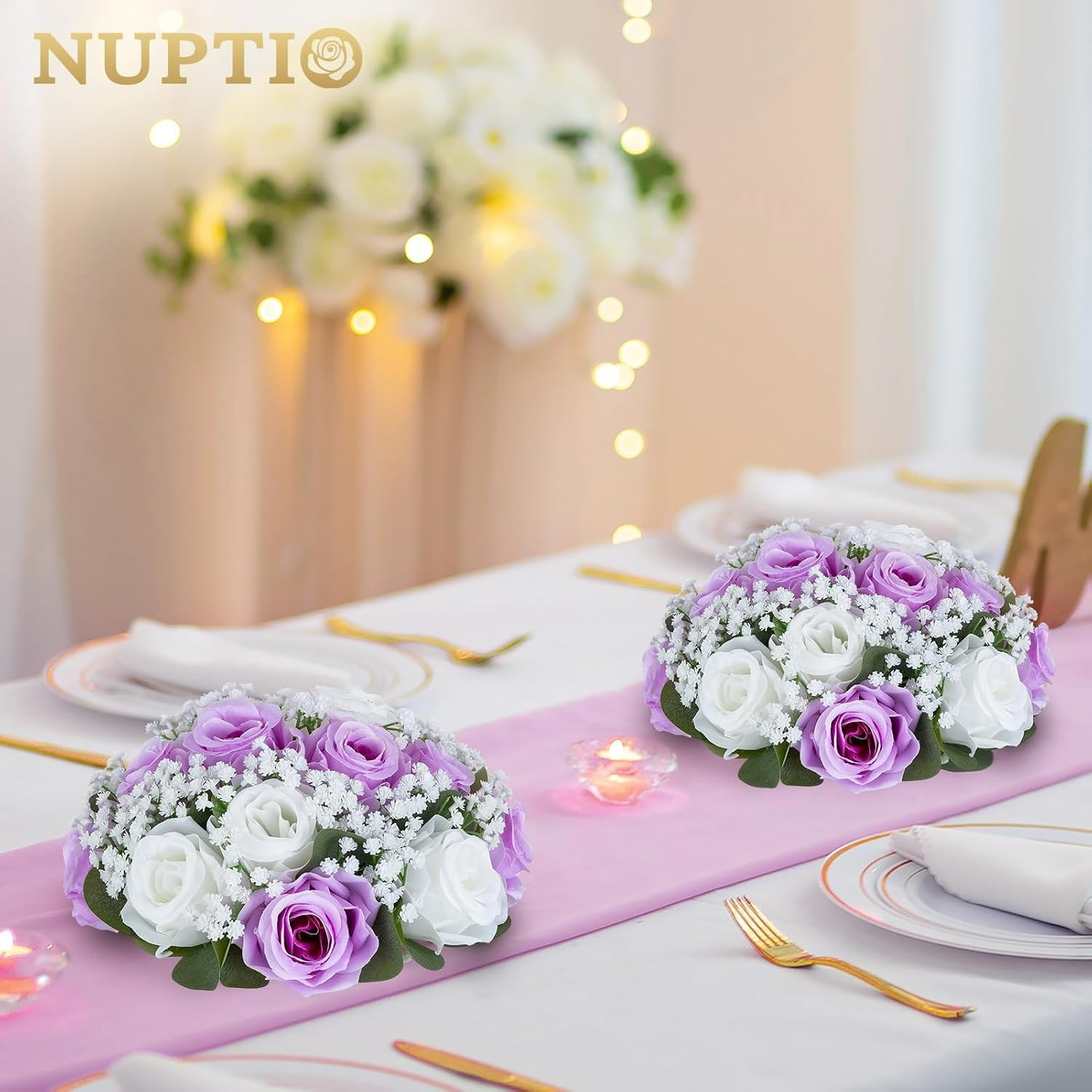 NUPTIO Flower Balls for Table Centerpieces: Purple & White Artificial Rose