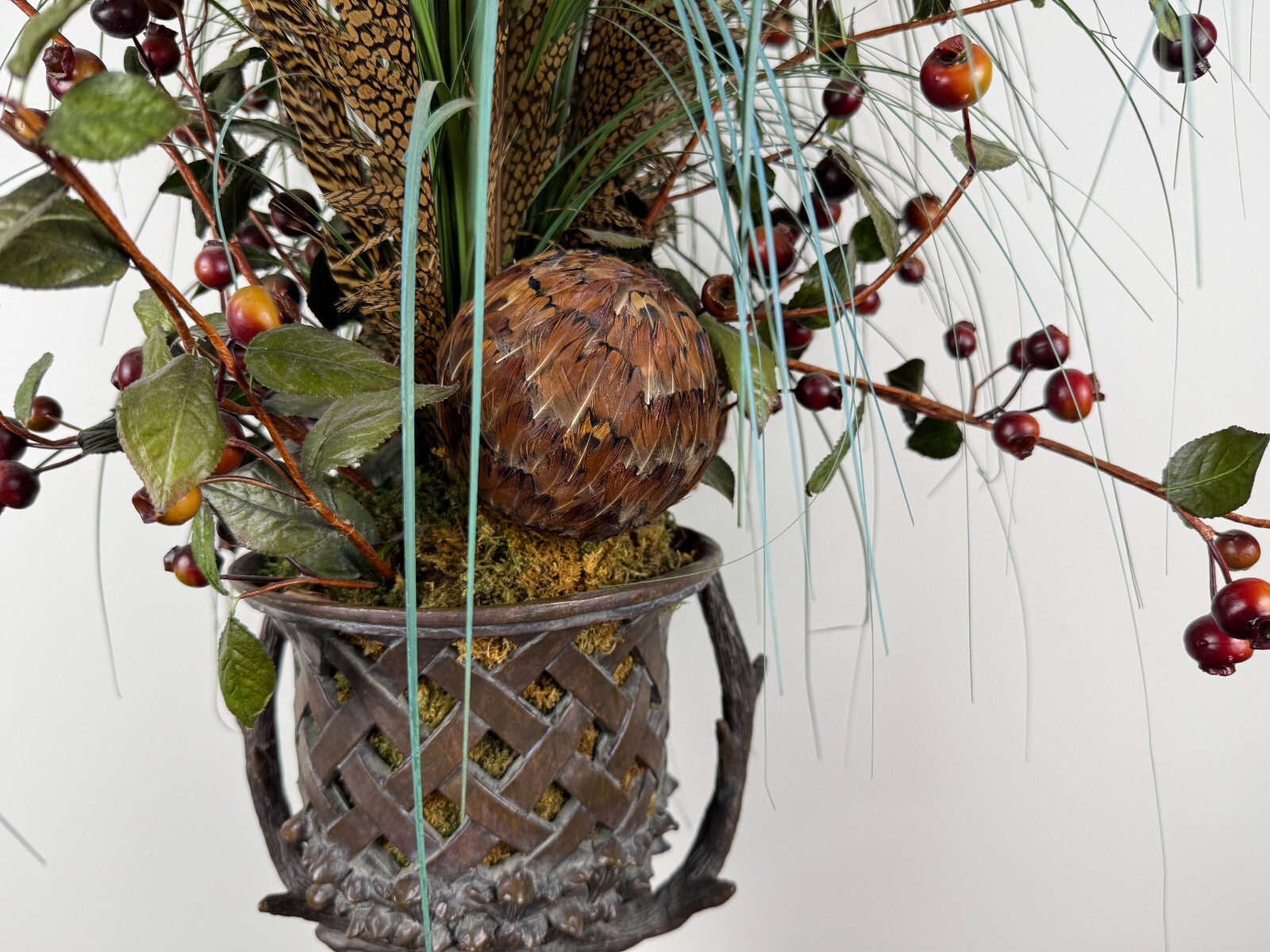 Rustic Stag Head Urn Faux Floral Arrangement Pheasant Feather Lodge Centerpiece