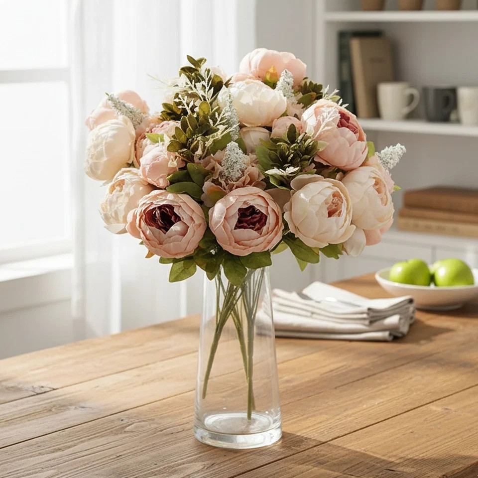 A bouquet of European-style faux peony silk flowers for home decor