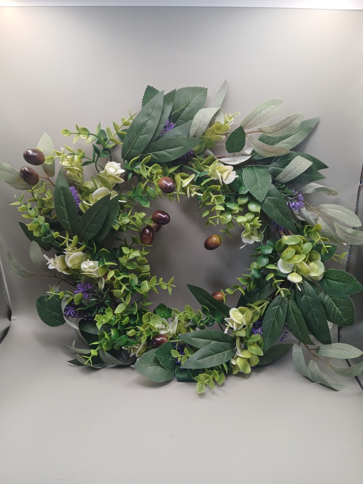 Lavendar And Olive Faux Greenery Wreath, Farmhouse Olive Leaf Wreath/Candle Ring
