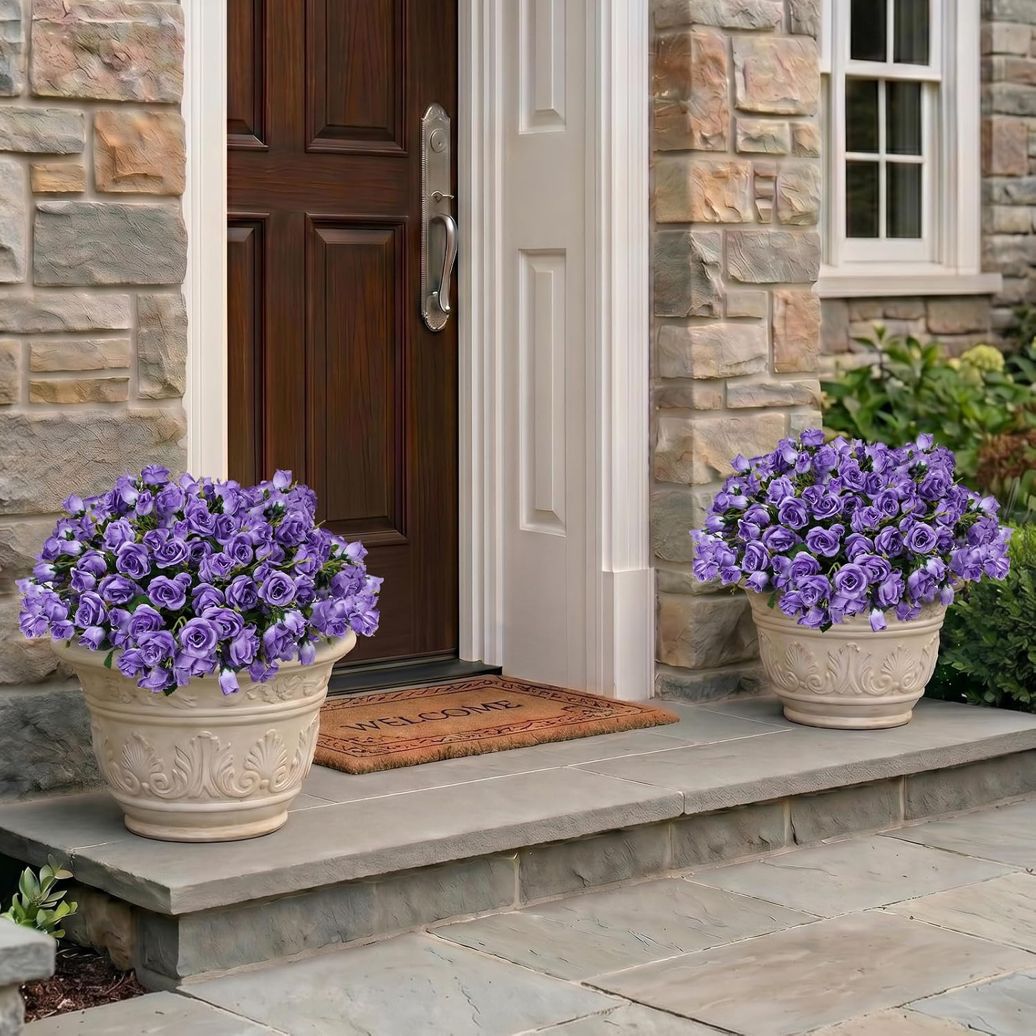 Purple Faux Roses in Pots – 2 Pack UV Resistant Outdoor Decor