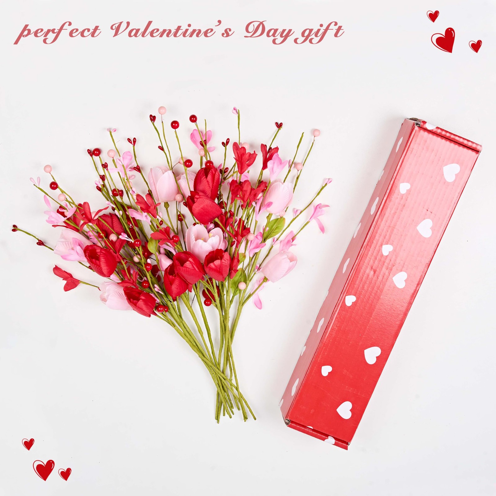 12 PCS Artificial Valentine Decor 17 Inch Pink Picks Red Tulip Berries Wedding