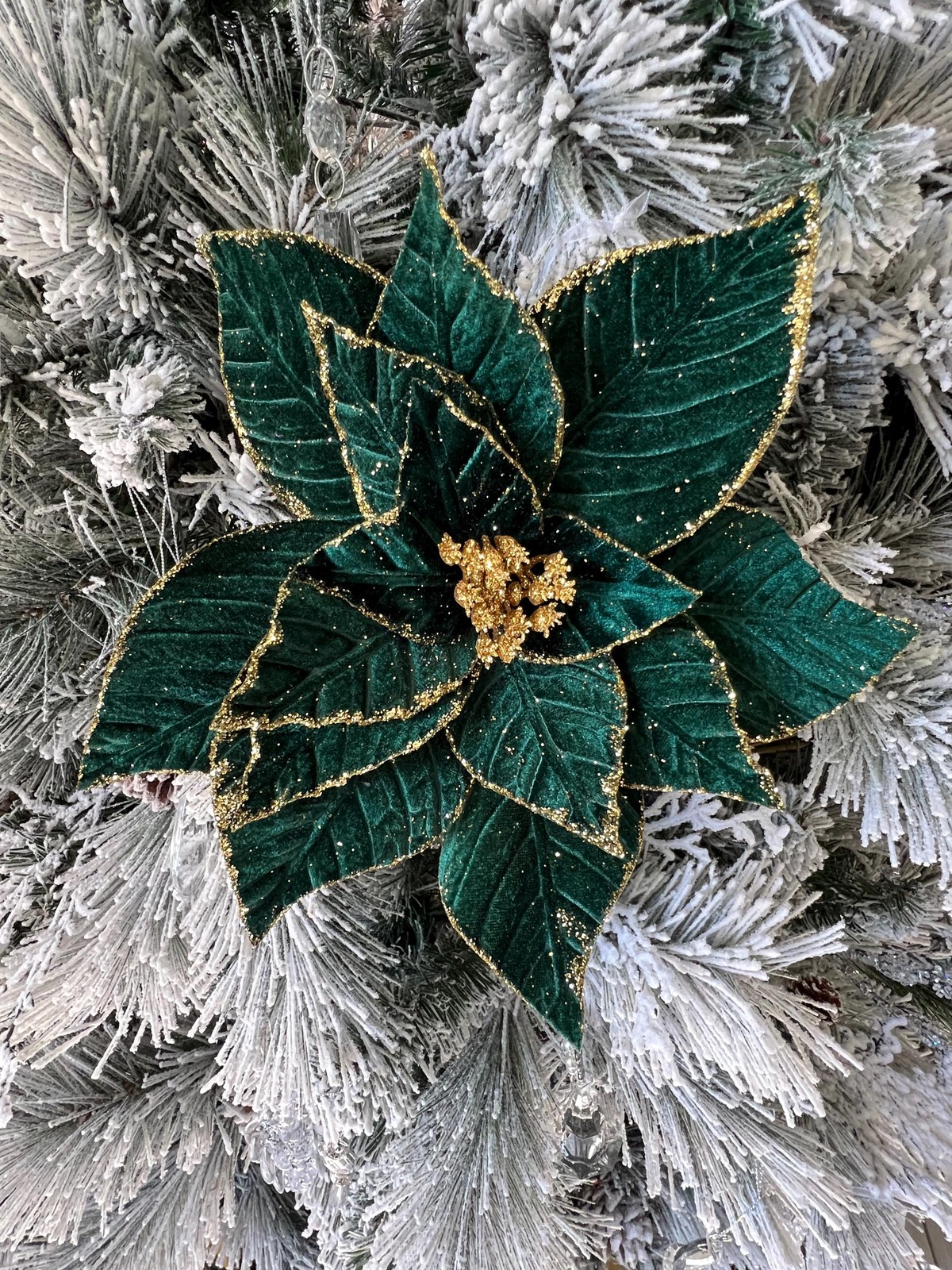 24″ Stem 11″ W Velvet Green Poinsettia Pick Stem Christmas Tree Trimming Wreath