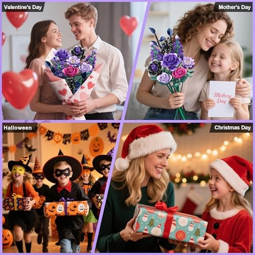 Purple Rose Building Blocks Set for Kids, 701PCS Flower Bouquet Toy, DIY