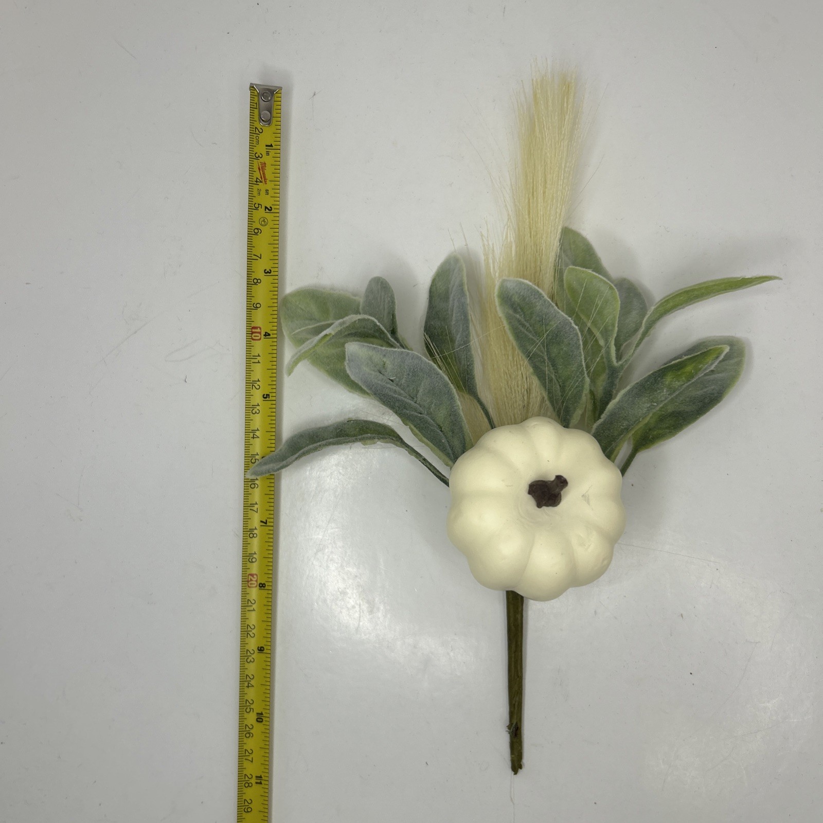 10 Artificial Fall Pumpkin Floral Pick W/Faux Lambs Ear & Feather Grass