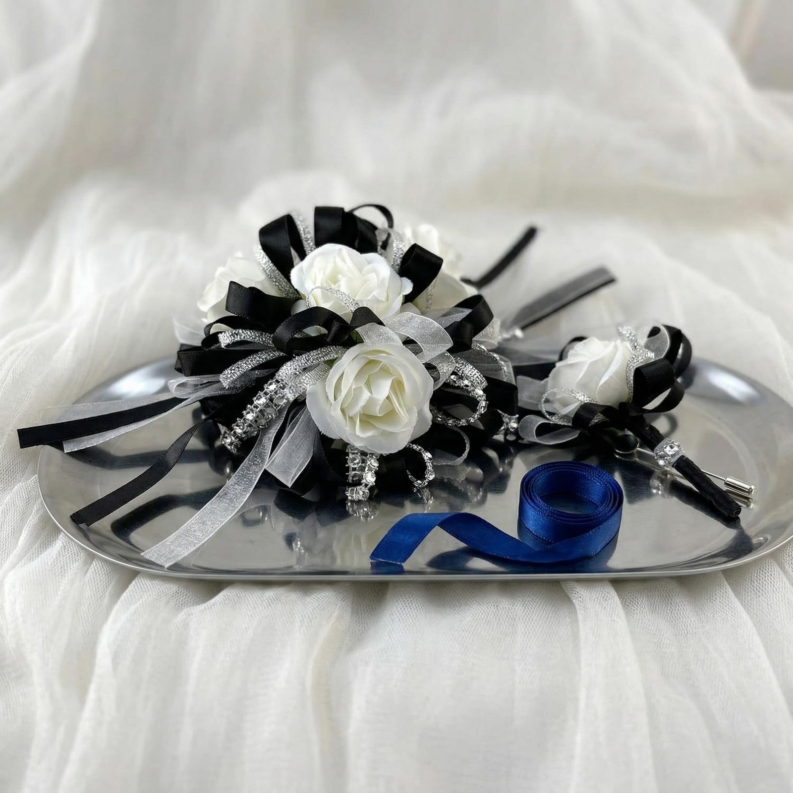 Rose Wedding Corsage Boutonniere Set Floral Suit Accessories Black & White