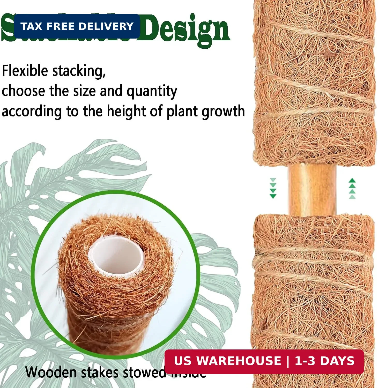 4 Pack 22 Inch Moss Poles, Stackable Moss Pole for Plants Monstera, 70 Inch Tall