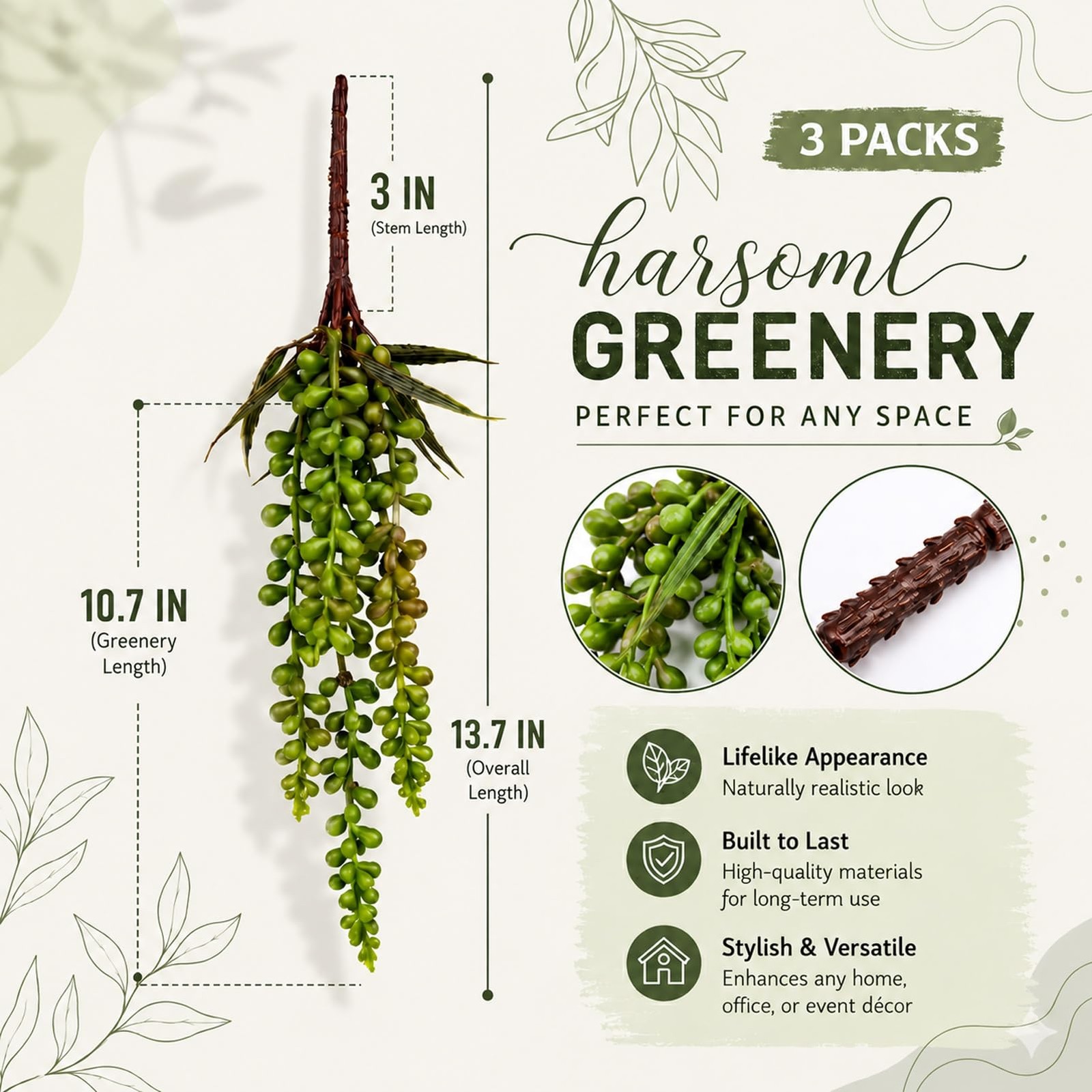 3PCS Artificial Succulents Hanging Plants,13.7 Inch Fake String of Pearls Gre…