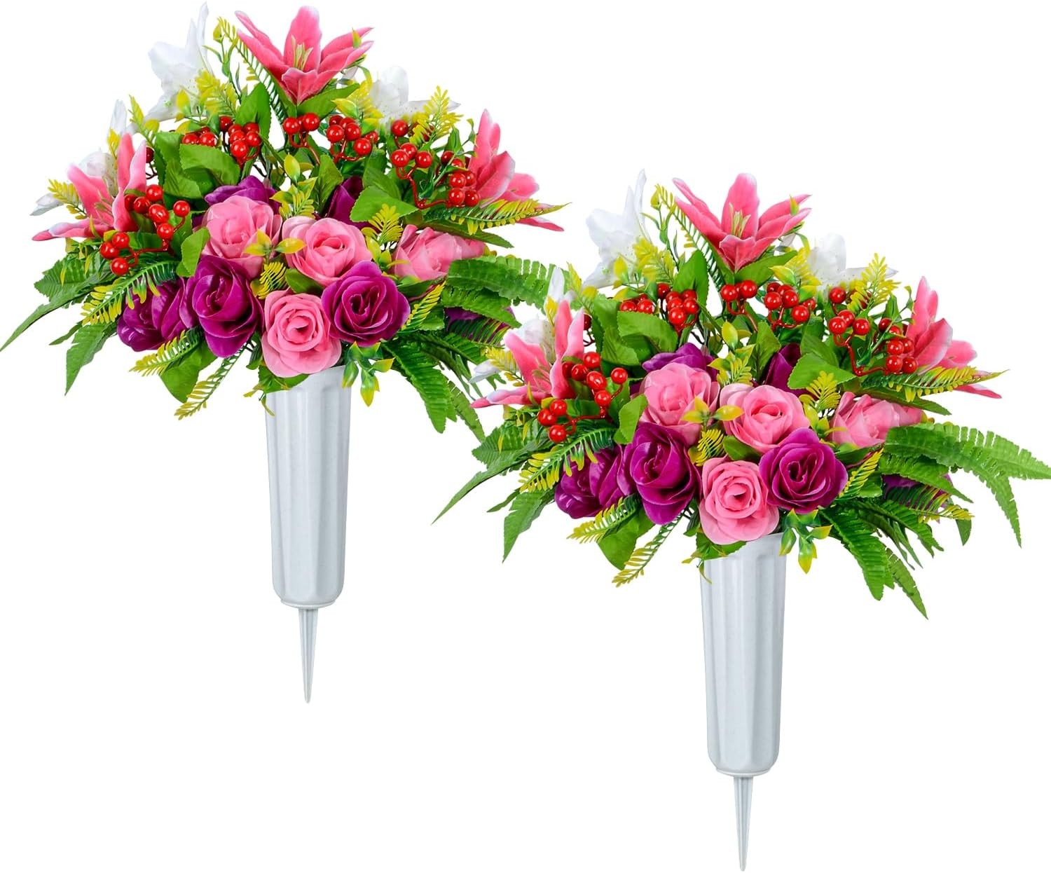 XONOR Artificial Cemetery Flowers with Vase, Set of 2 Artificial Rose Lily Bouqu