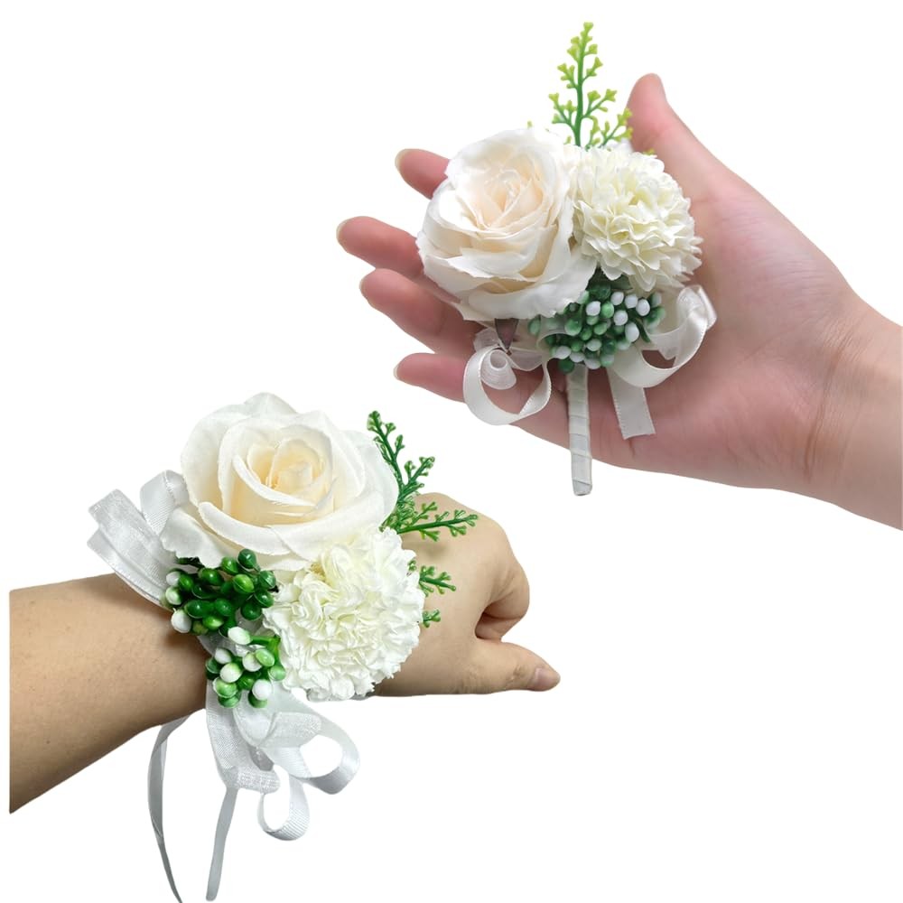 Rose White Flower Corsage and Boutonniere Set 2,Handmade Silk Flower Corsage …