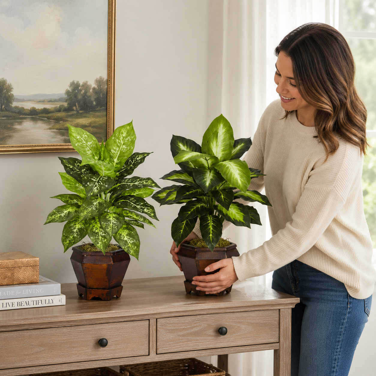 Golden Dieffenbachia w/Wood Vase Silk Plant – Assorted