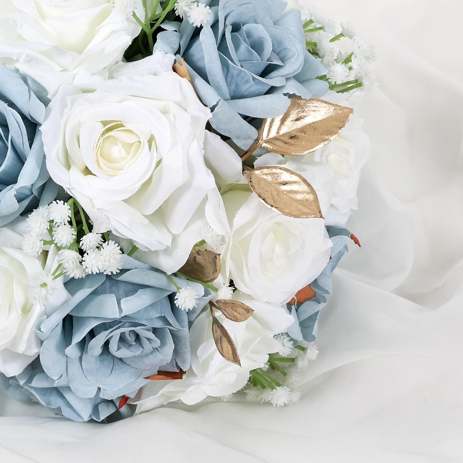 9 Inch Wedding Bouquets for Bride White & Blue Artificial Silk Roses Realistic