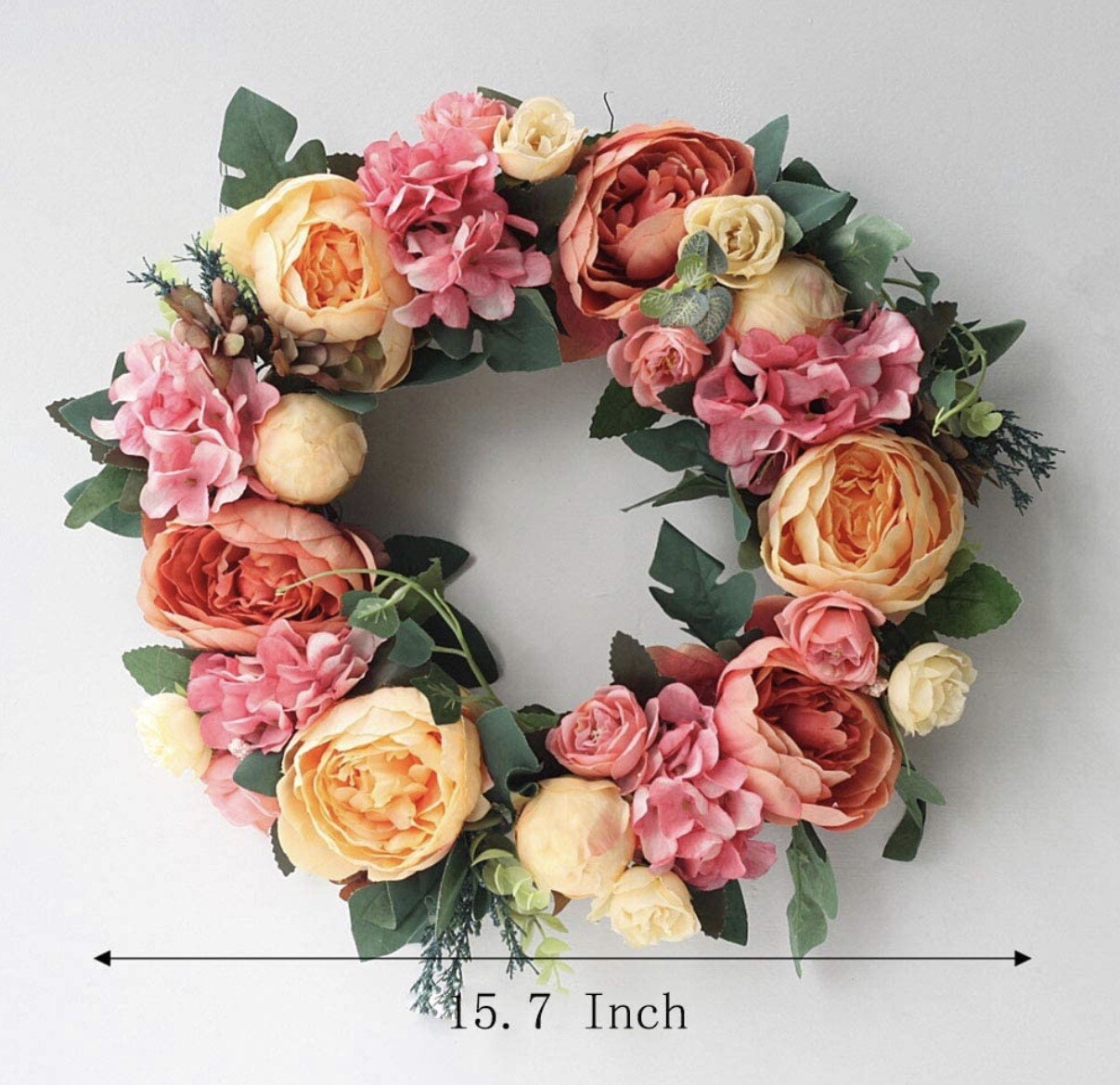 Pink And Orange Floral Artificial Peony Flower Wreath 15.7 Inch Door Wreath