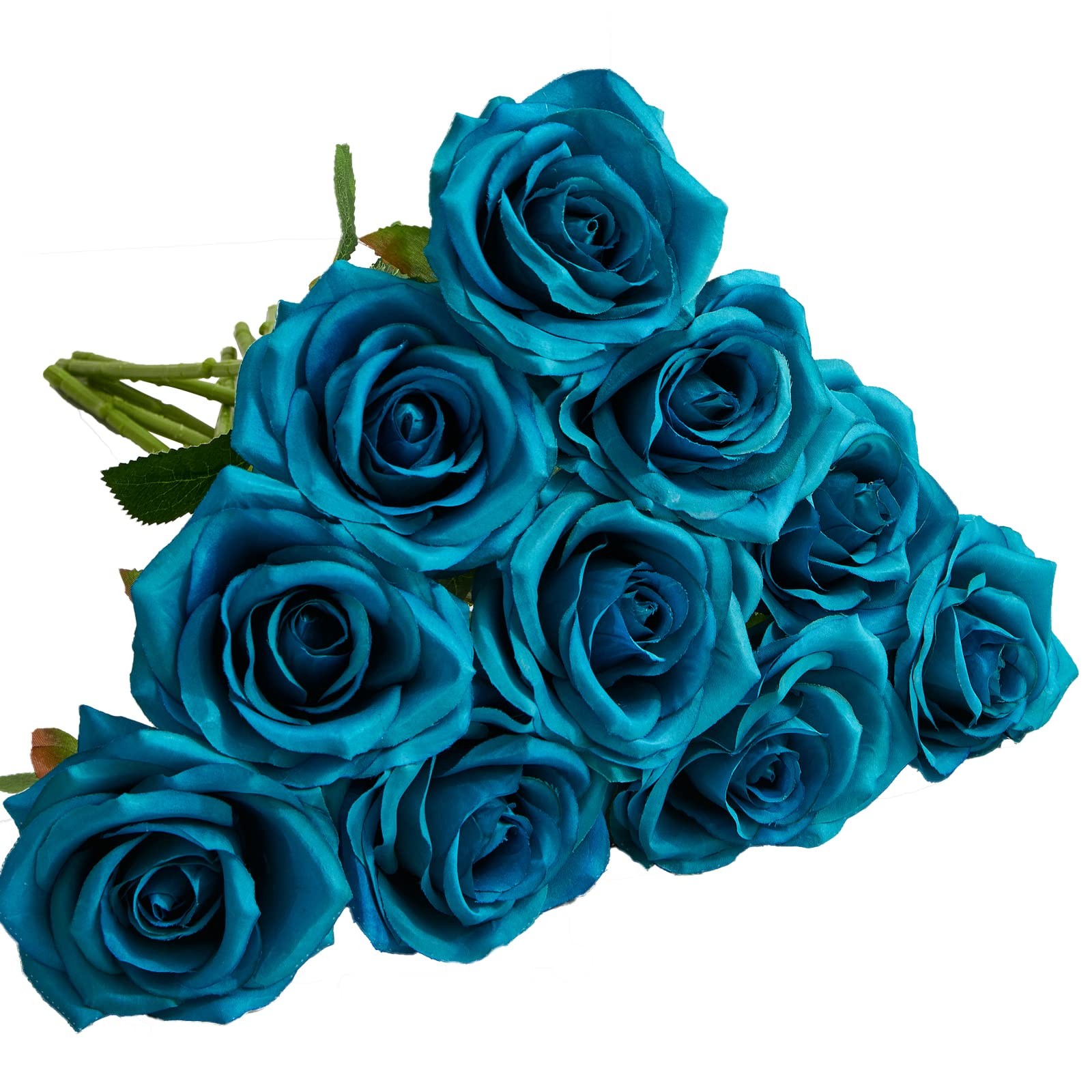 Teal Artificial Rose 10pcs Open Flower Bouquet Faux Rose Stems Turquoise Blue