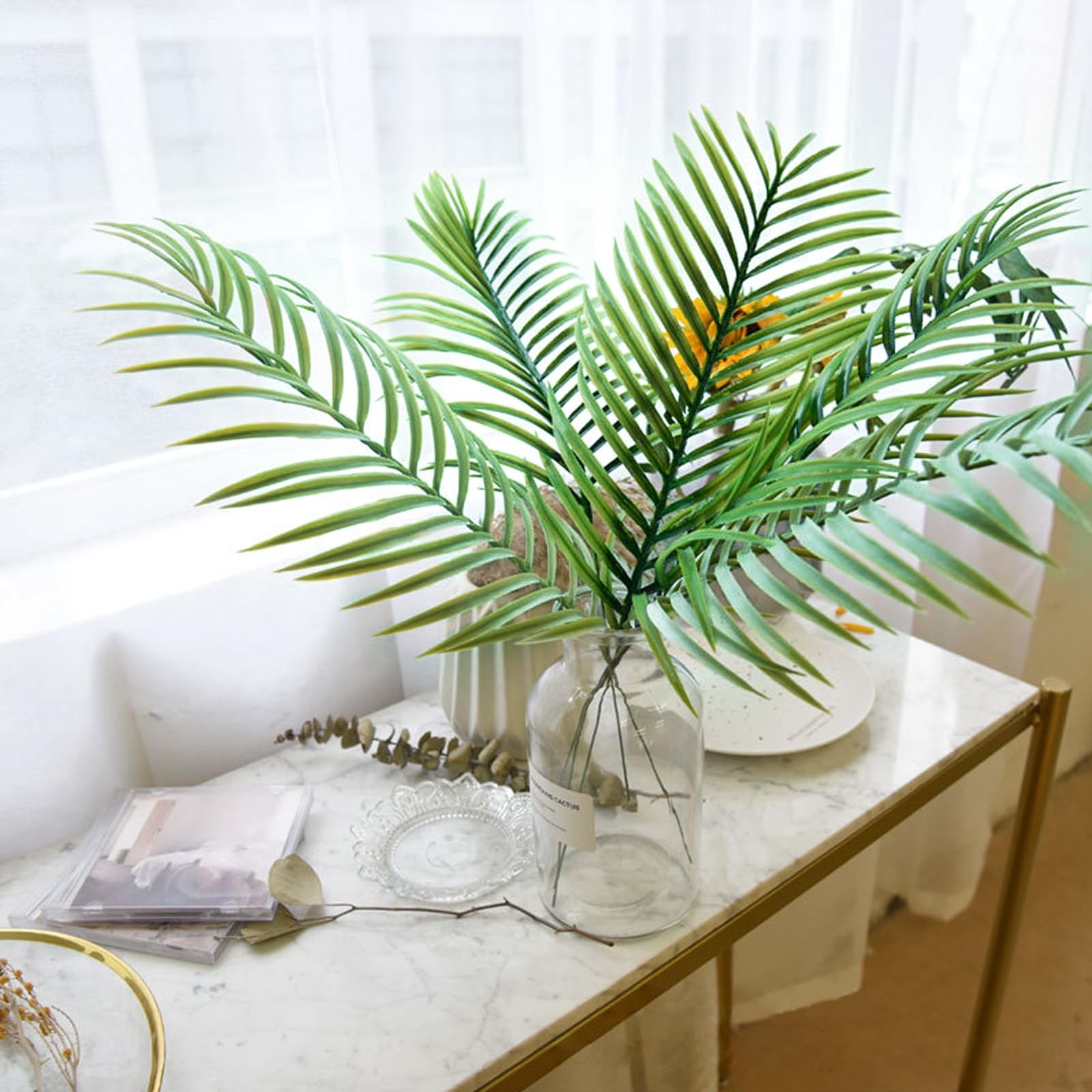 12Pcs Artificial Palm Leaves Tropical Palm Tree Leaves Greenery Faux Palm Fro…