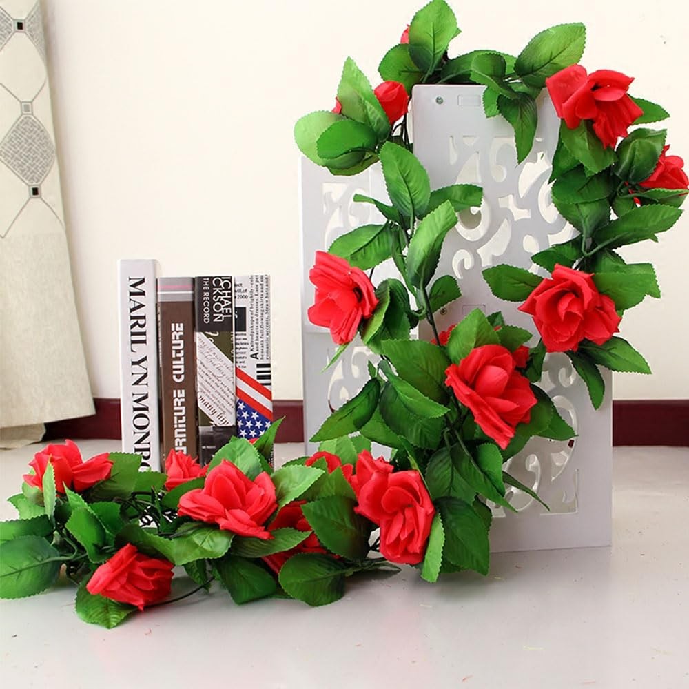 5PCS Fake Rose Vine Flowers Plants Artificial Flower Hanging Red Rose Ivy Hom…