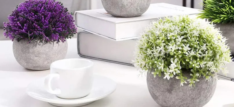 CEWOR Faux Topiary Shrubs for Office, Home Decor ~ Set of 2, Purple and White