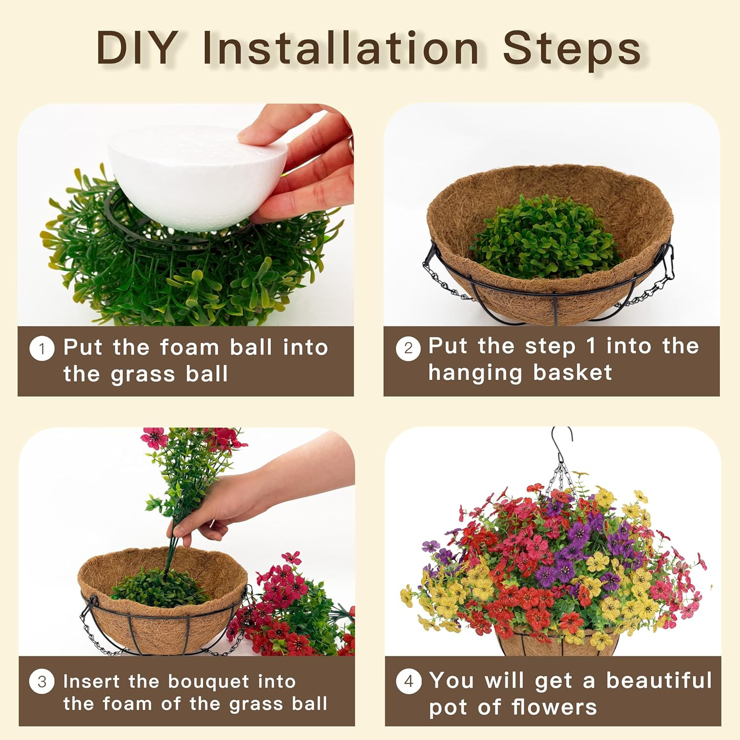 12 Bundles UV Resistant Fake Hanging Flowers with Basket for Outdoor Decor