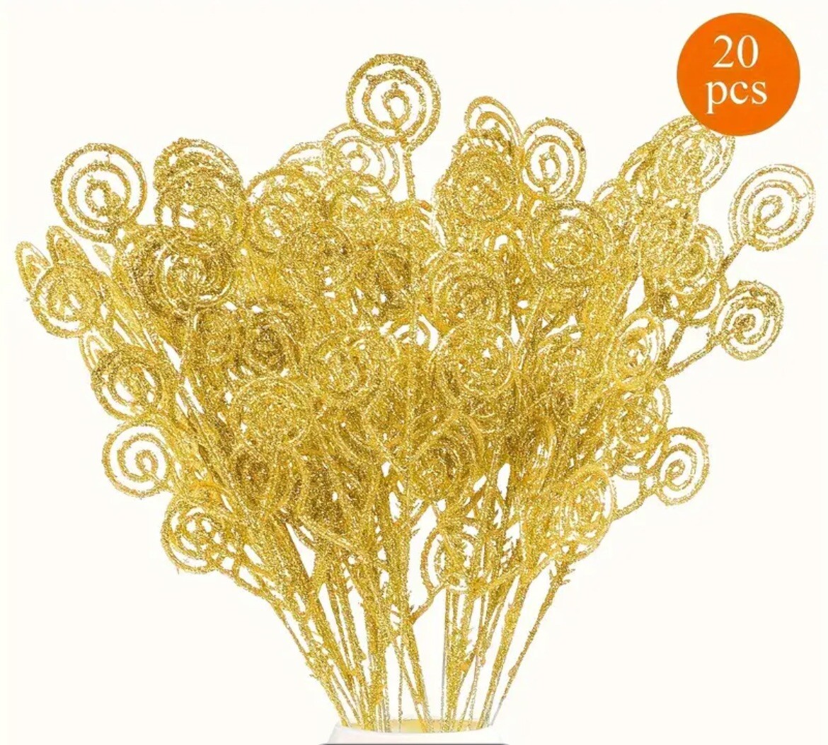 20 Pieces 12 Inch Gold Circle Spirals Sparkle Floral Picks Holiday Wedding Decor