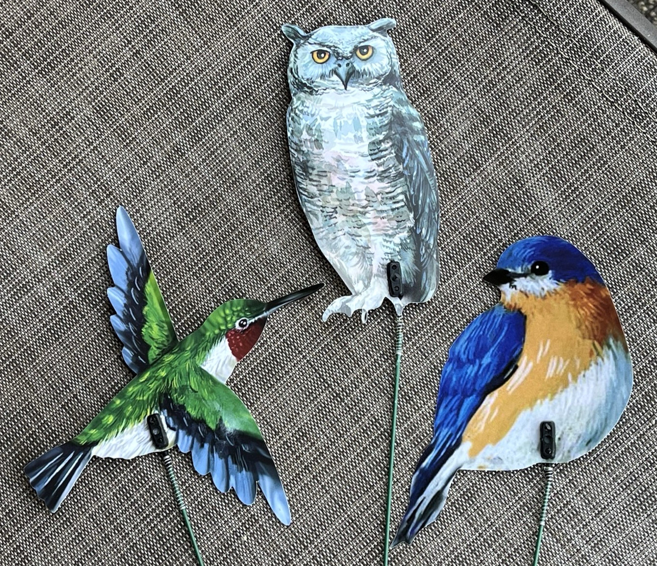 Bird Picks Lot of 3 Decorative Plastic on Wire Stems Owl, Hummingbird, Blue Bird