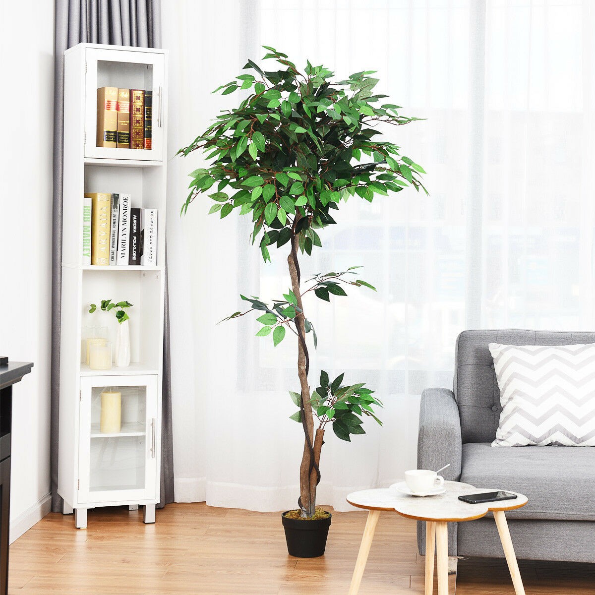 Costway 5.5FT Artificial Ficus Silk Tree Wood Trunks Green In/Patio Home Décor