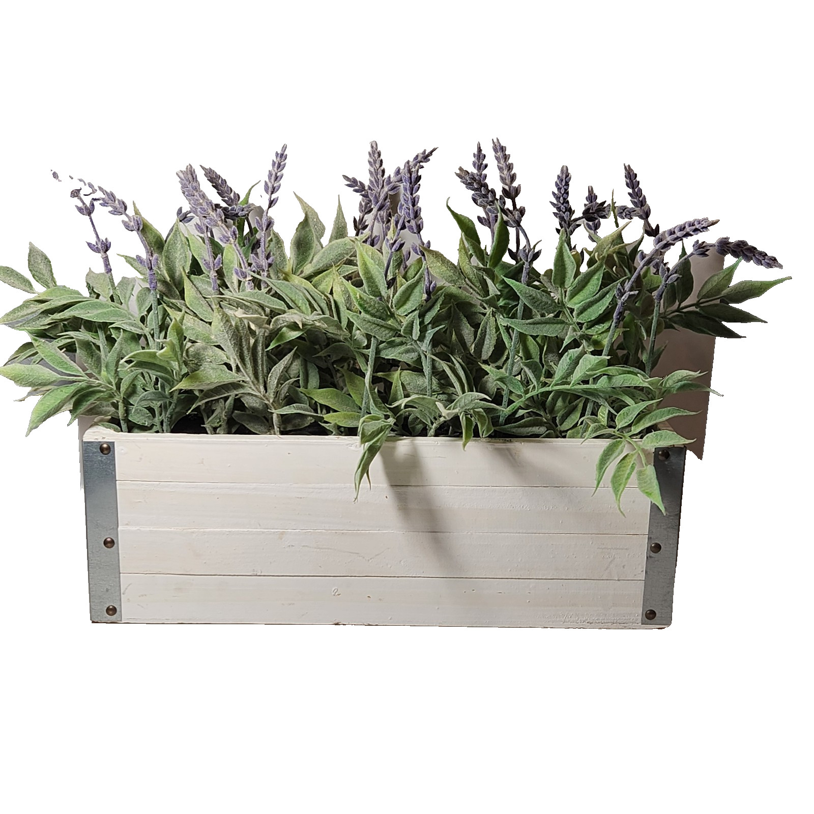 Faux Lavender Arrangment White Rustic Wood Metal Planter Table Shelf Decor 15″