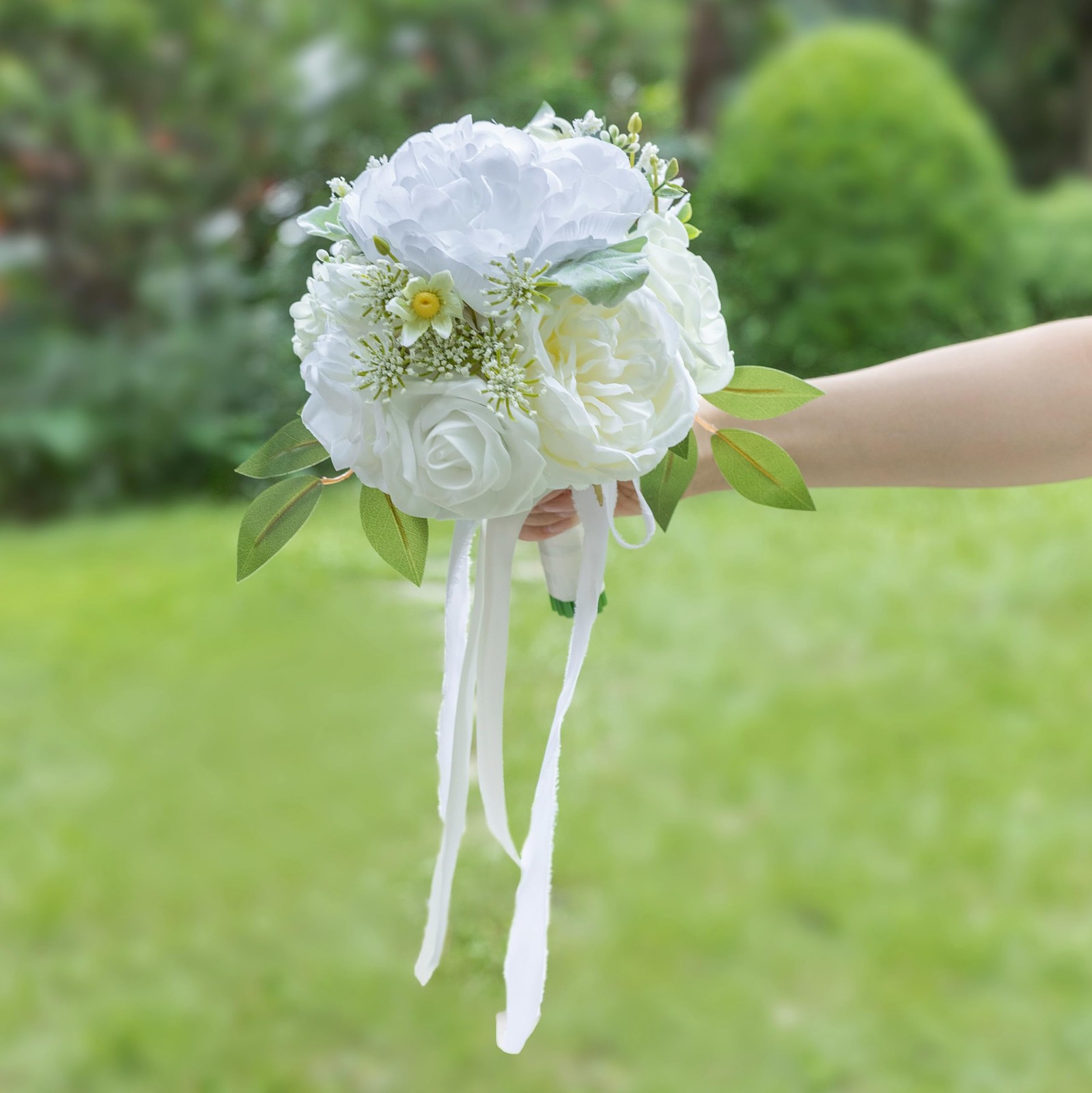 White Ivory Artificial Rose Flower Bride Bridesmaid Wedding Bouquet Ceremony